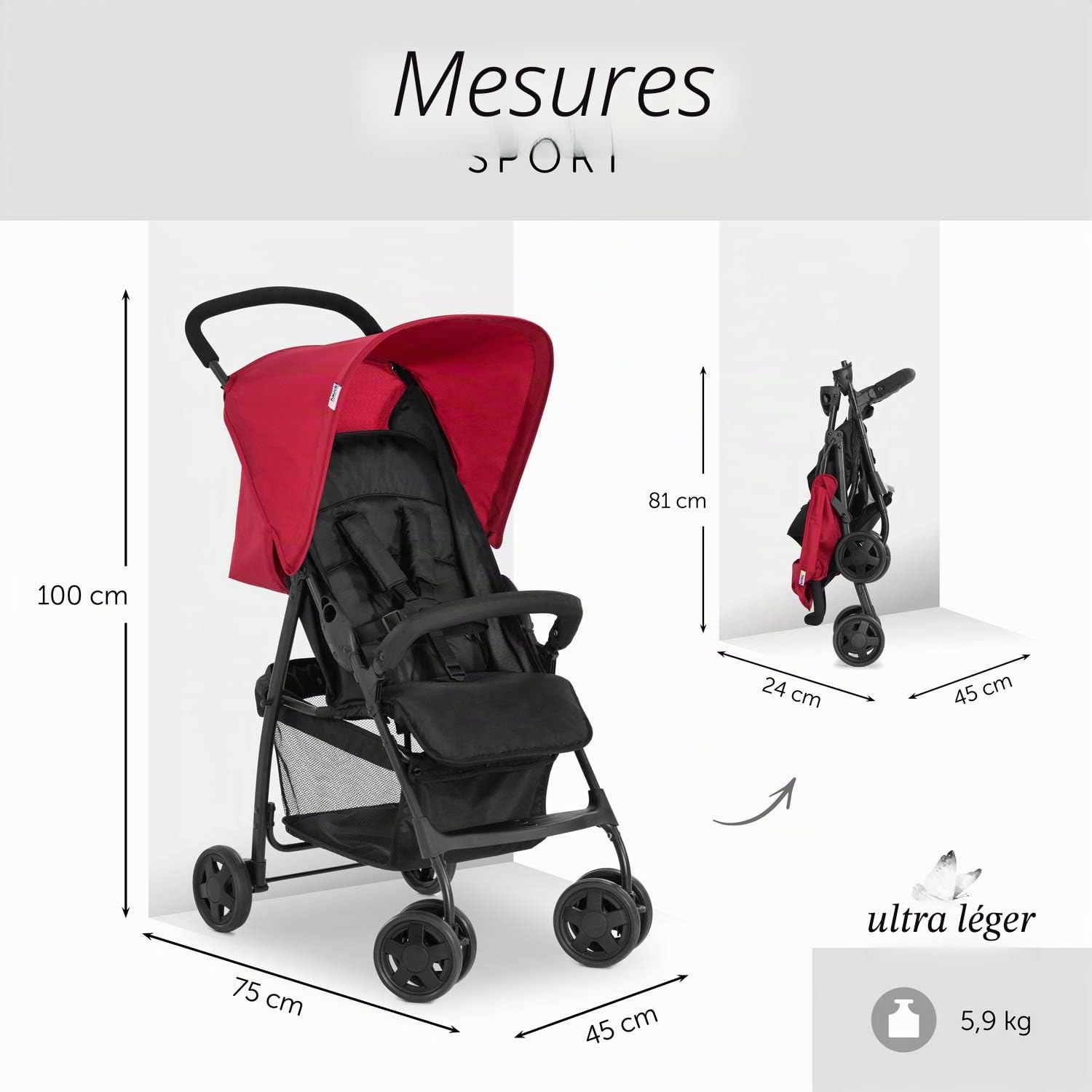 hauck Poussette Compacte Sport – Ultra-légère 5,9 kg, Pliable, Inclus Protege Pluie Poussette et Moustiquaire, Position Allongée, Grand Panier – Rouge
