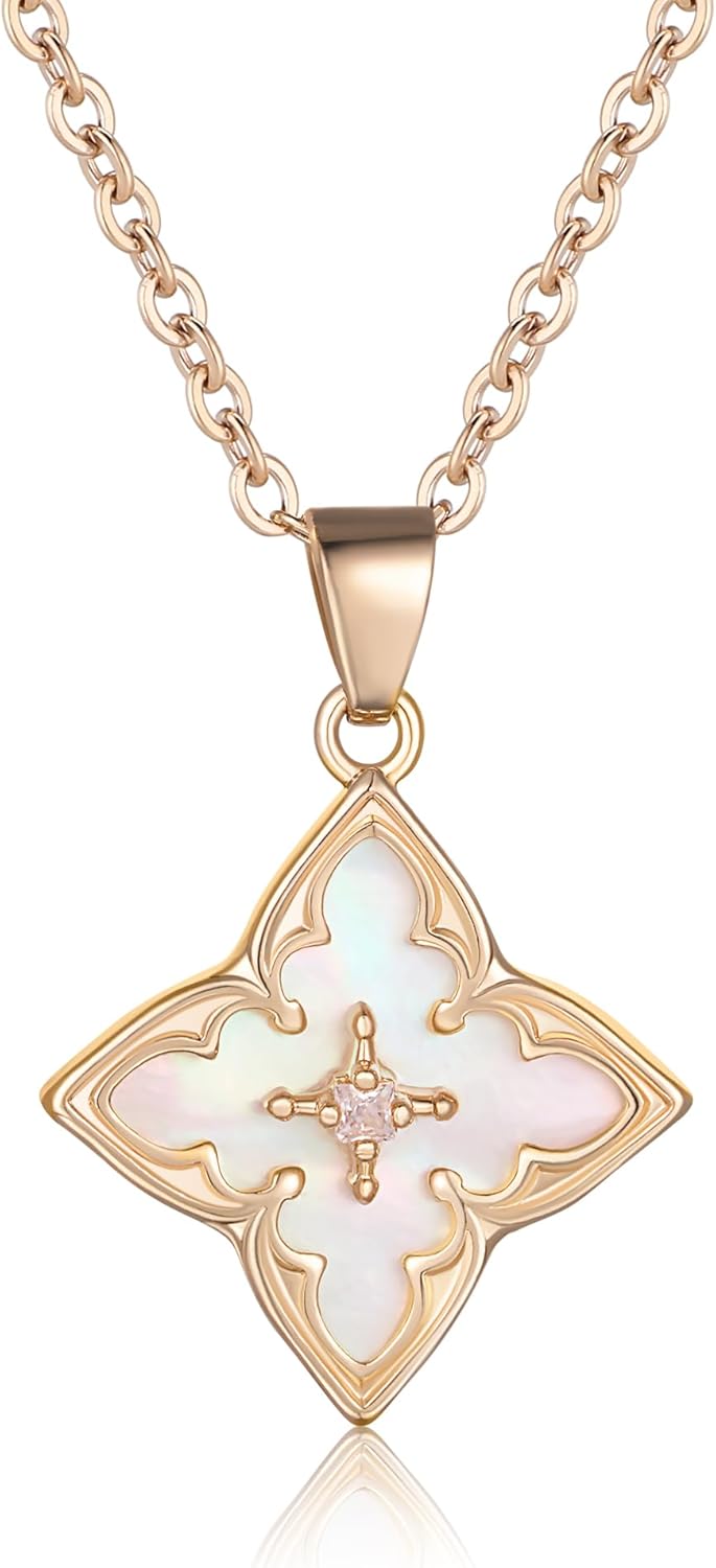 14K Gold Plated Gold Clover Necklace, Dainty Four Leaf Lucky Choker Charm Colorful Clover Adjustable Chain Shell Made Pendant Necklace for Women Jewelry