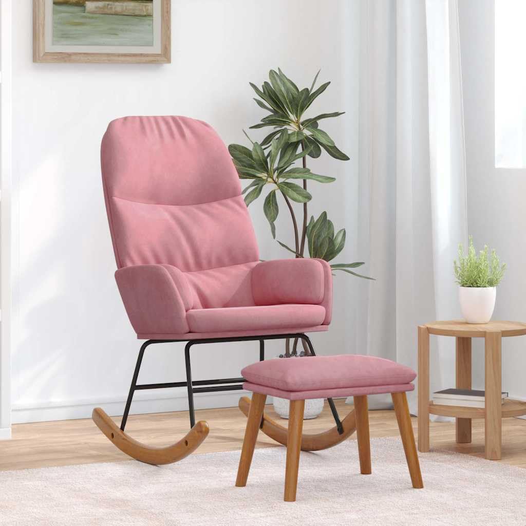 Mecedora con reposapiés, cojín de terciopelo rosa, 70 x 79 x 105 cm, sillón basculante con reposabrazos y respaldo, silla basculante para salón, dormitorio, habitación de bebé