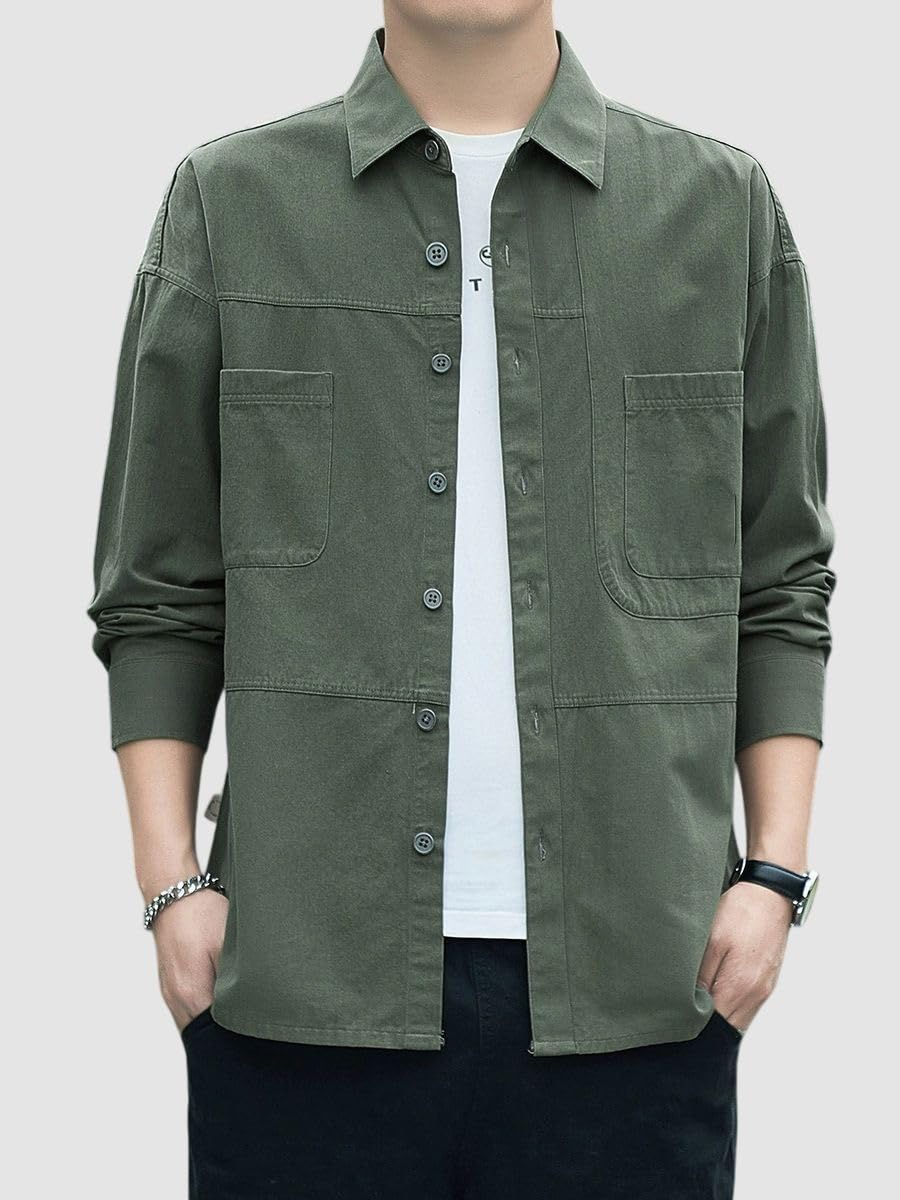 Camicia da lavoro da uomo in stile vintage, a maniche lunghe, leggera, vestibilità comoda per l'uso quotidiano