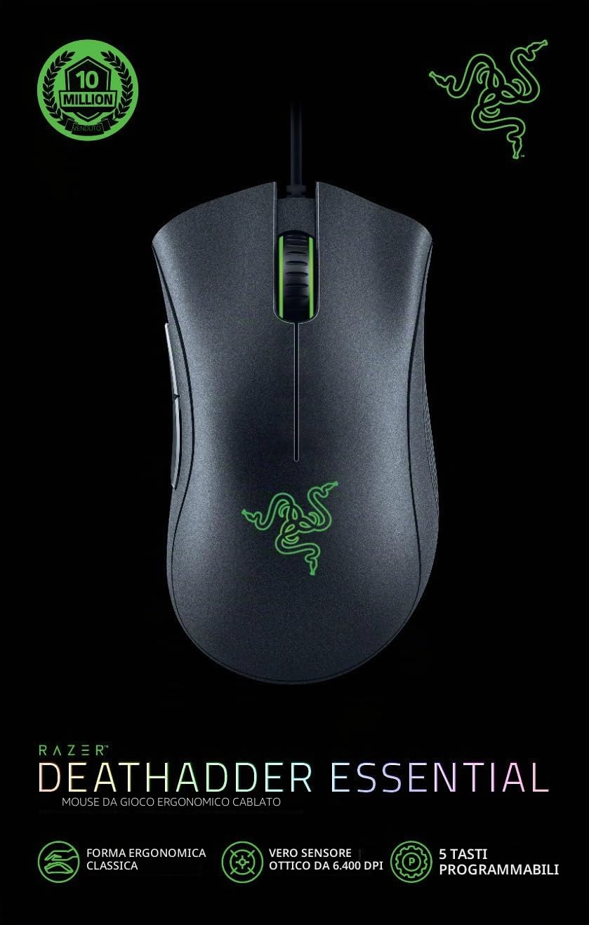 Razer DeathAdder Essential (2021) - Mouse da Gioco Cablato con Sensore Ottico da 6400 DPI (Sensore Ottico da 6400 DPI, 5 Pulsanti Programmabili, Fattore di Forma Ergonomico) Nero