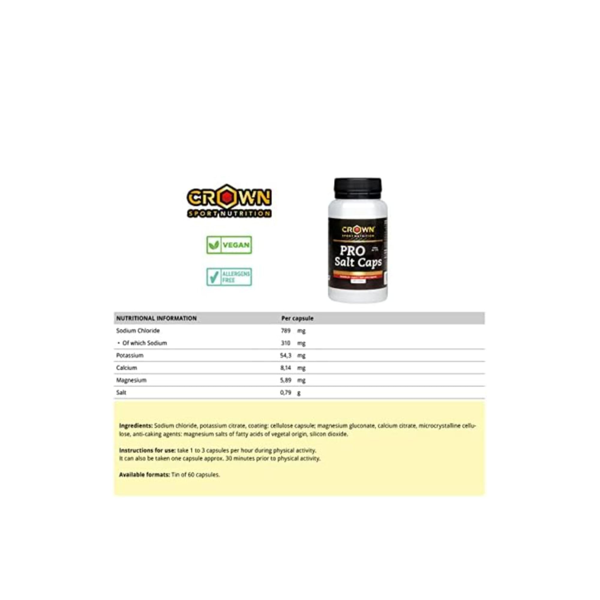 Crown Sport Nutrition Pro Salt Caps | Electrolitos Sodio 310 mg Cápsula | 60 Cápsulas | Sales orgánicas altamente asimilables | Certificado antidoping Informed-Sport