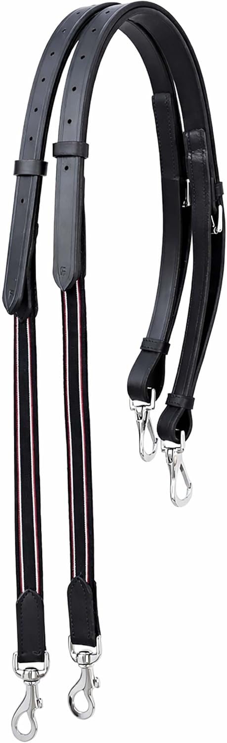 CHALLENGER English 3/4" Wide Full Horse English Elastic Leather Adjustable Side Reins Black 803LR01BK