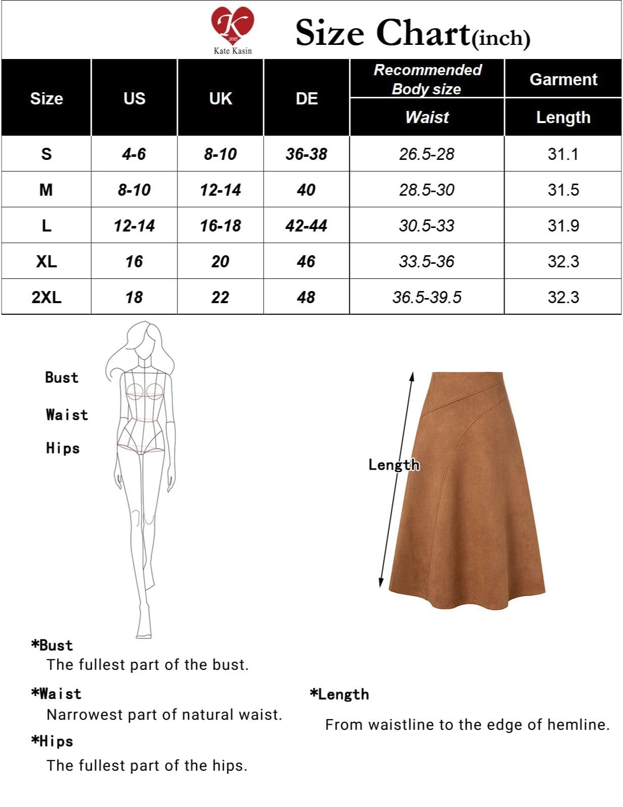 Kate Kasin Jupe Midi en Daim Femme Taille Haute Elegant A-Line Plissee