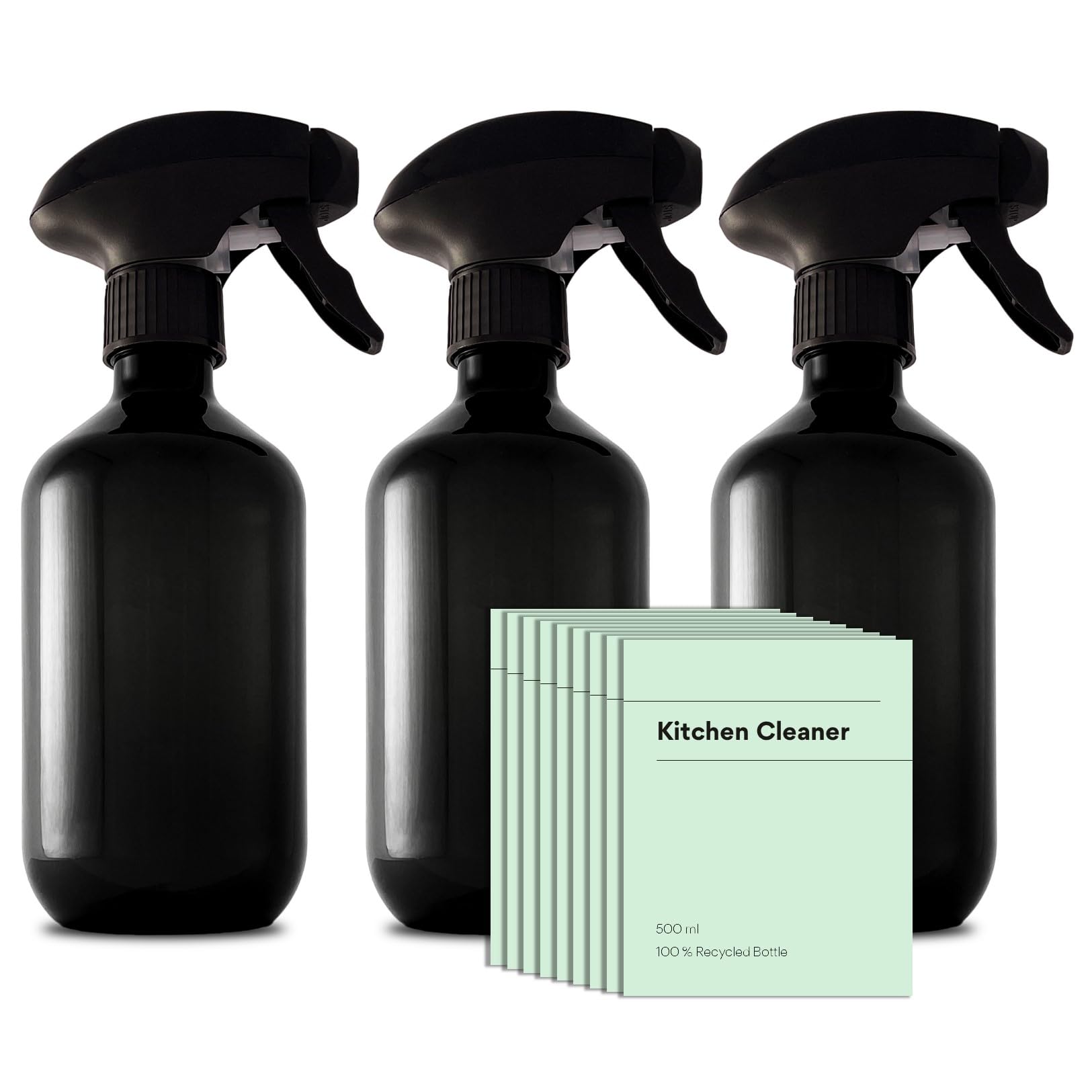 Recycled Plastic Spray Bottles 3 x 500ml with 9 x Waterproof Labels; Eco-Friendly, Refillable, Reusable Empty Bottle Set; Leakproof Trigger Sprayer