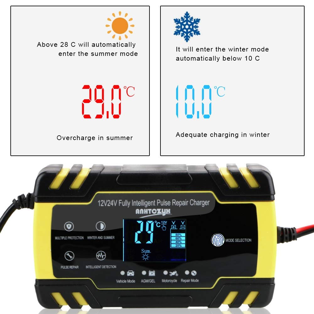 Ładowarka do akumulatora samochodowego, ładowarka samochodowa 12 V, w pełni automatyczna ładowarka do naprawy 12 V-24 V 8 A, cyfrowy wyświetlacz na mokro, suche akumulatory, ładowanie