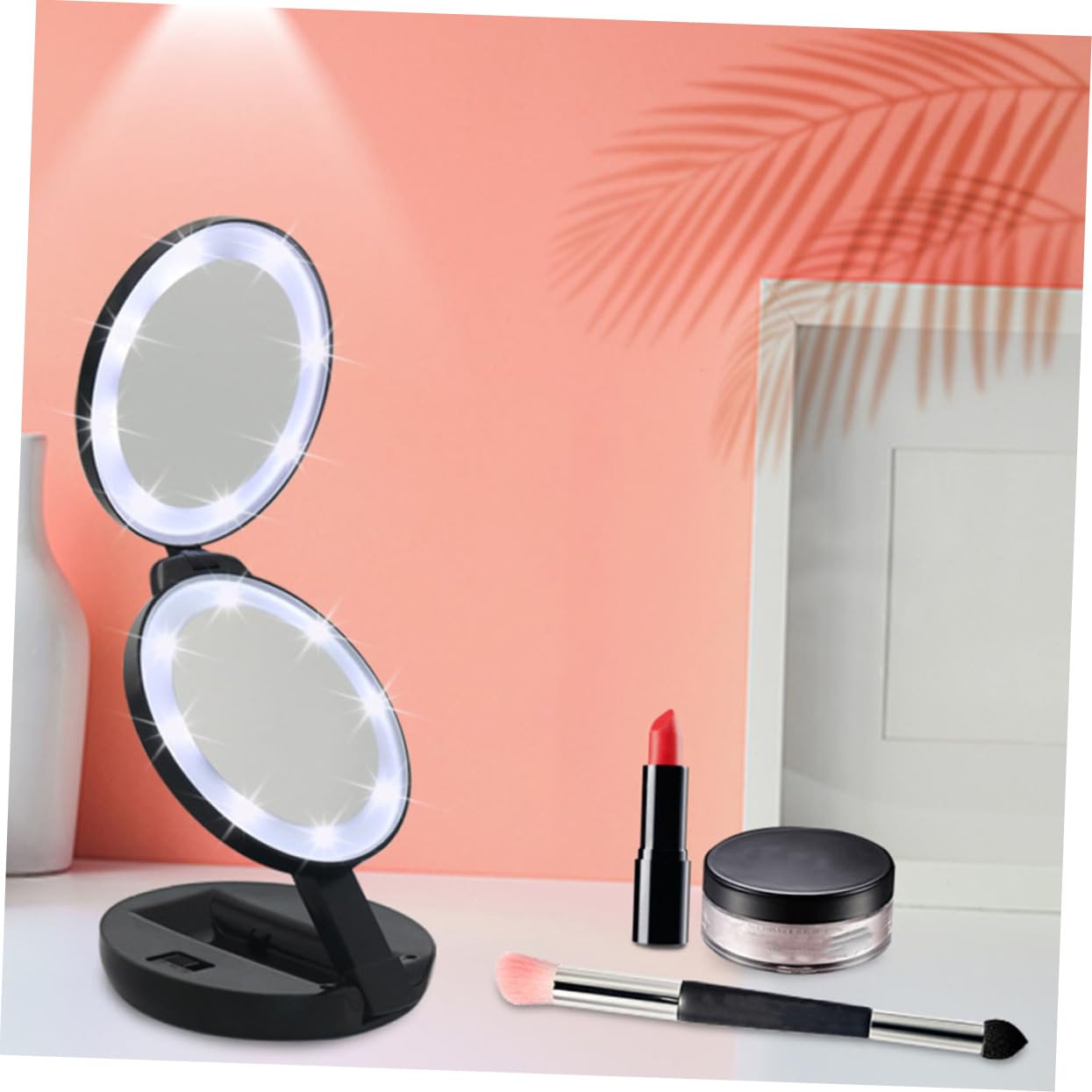 Healeved Espejo Compacto Plegable de Doble Cara Aumento Negro | Abs y Vidrio, Diseño Led, Formato Mini para Bolso y Cartera, Pilas Aaa No Incluidas