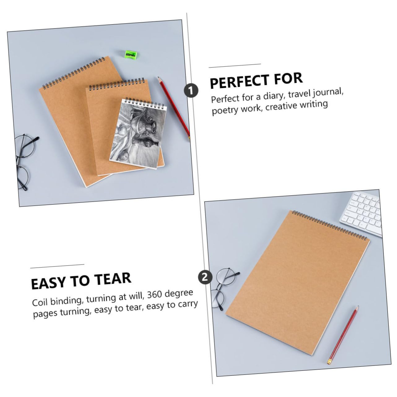Zeichenblock für Schüler und Künstler 2 Stück mit Spiralbindung Khaki | Papier, Leere Seiten für Skizzen und Zeichnungen, Reißbar, für Reisetagebuch und Kreative Notizen
