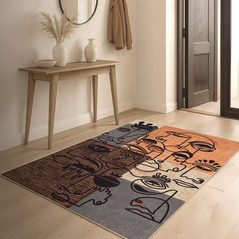 Tapis visage abstrait pour entrée salon, grand tapis art ligne moderne 170x250cm lavable