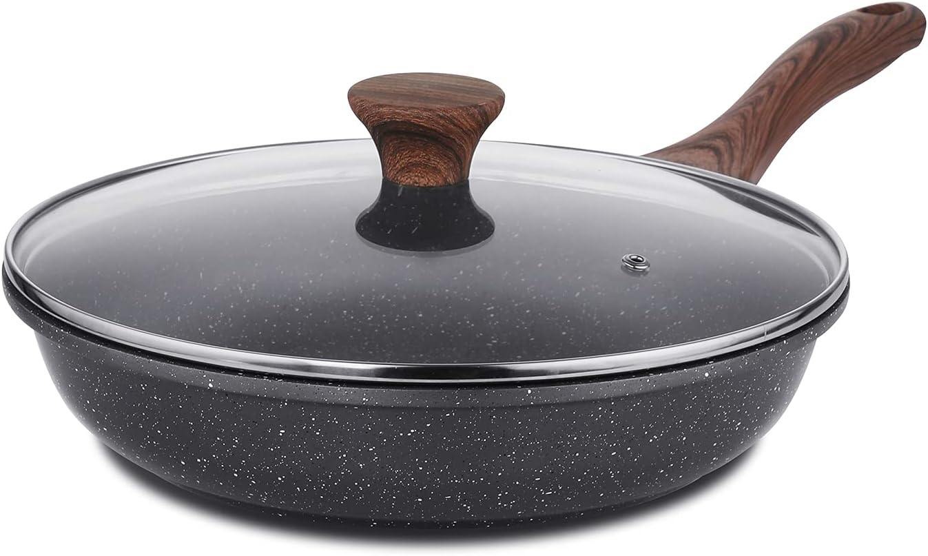 SENSARTENonstick Frying Pan Skillet with Lid, Swiss Granite Coating Omelette Pan with Cover, Healthy Cookware Chef's Pan with Top, PFOA Free (10" + Glass Lid)