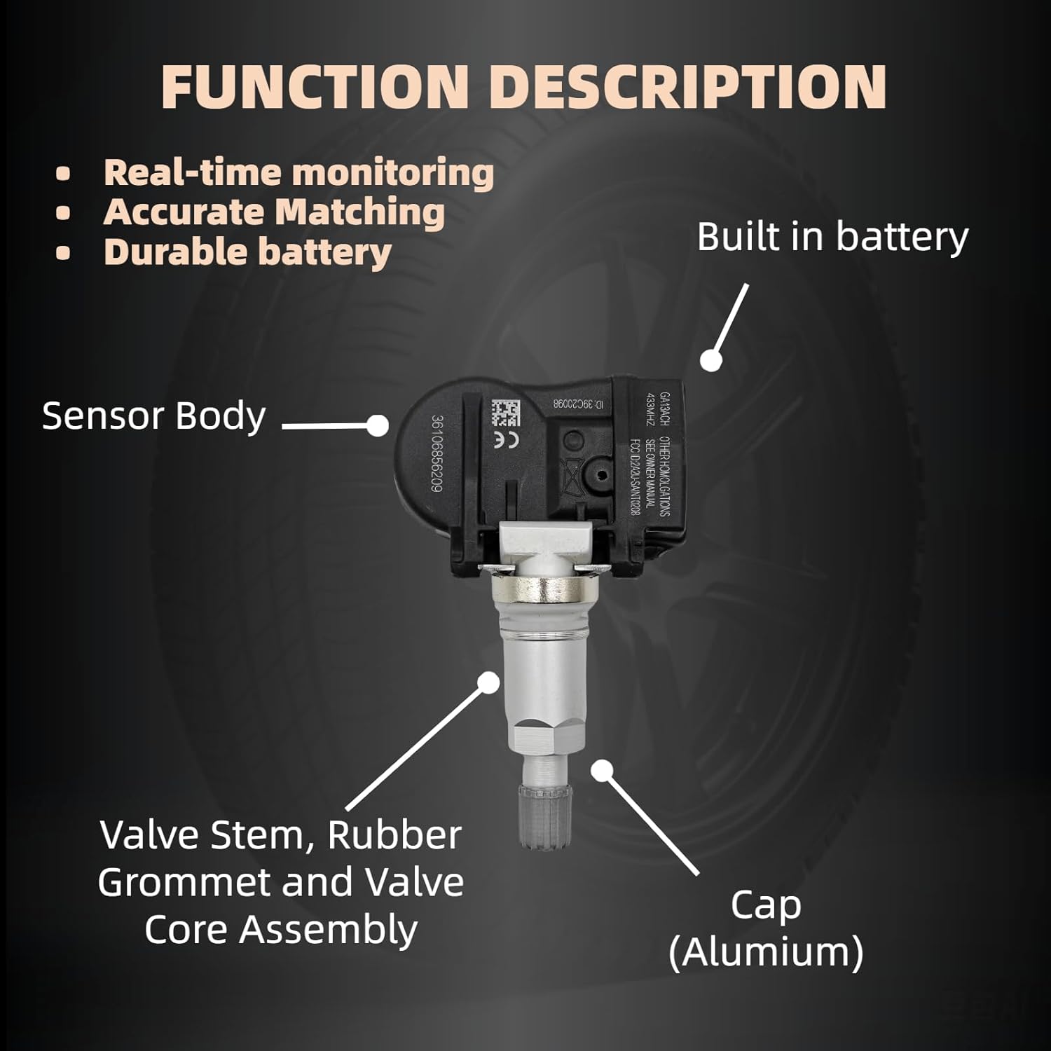 Tire Pressure Monitoring System Sensor (TPMS) Compatible with 06-12 Azera 07-10 Elantra 09-10 Santa Fe 08-12 Veracruz 06-10 Magentis 05-10 Optima 07-11 Rondo NX-S051-4 529332G200 315 Mhz 4-pc