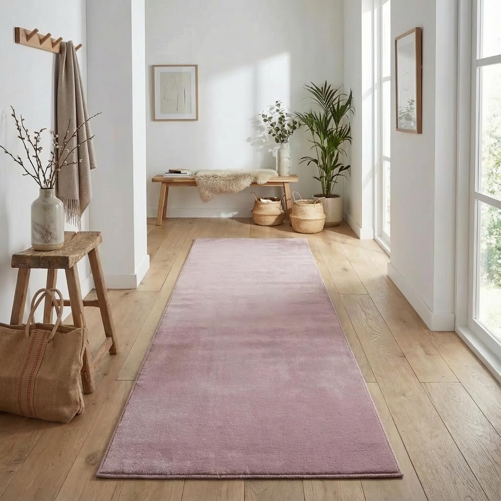 Jimri Flauschiger Teppich Läufer - Hochwertiger Kurzflor für Zuhause, Büro, Küche, Eingang, Flur, Wohnzimmer - Maschinenwaschbar - Rutschfester Teppich Waschbar - 60x110 cm - Rosa