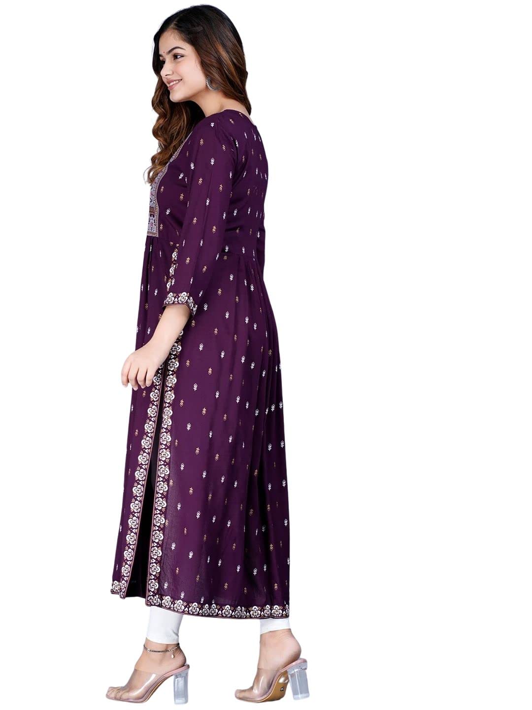 rytras Women's Rayon Printed Purple Nayra Cut Flared Kurta