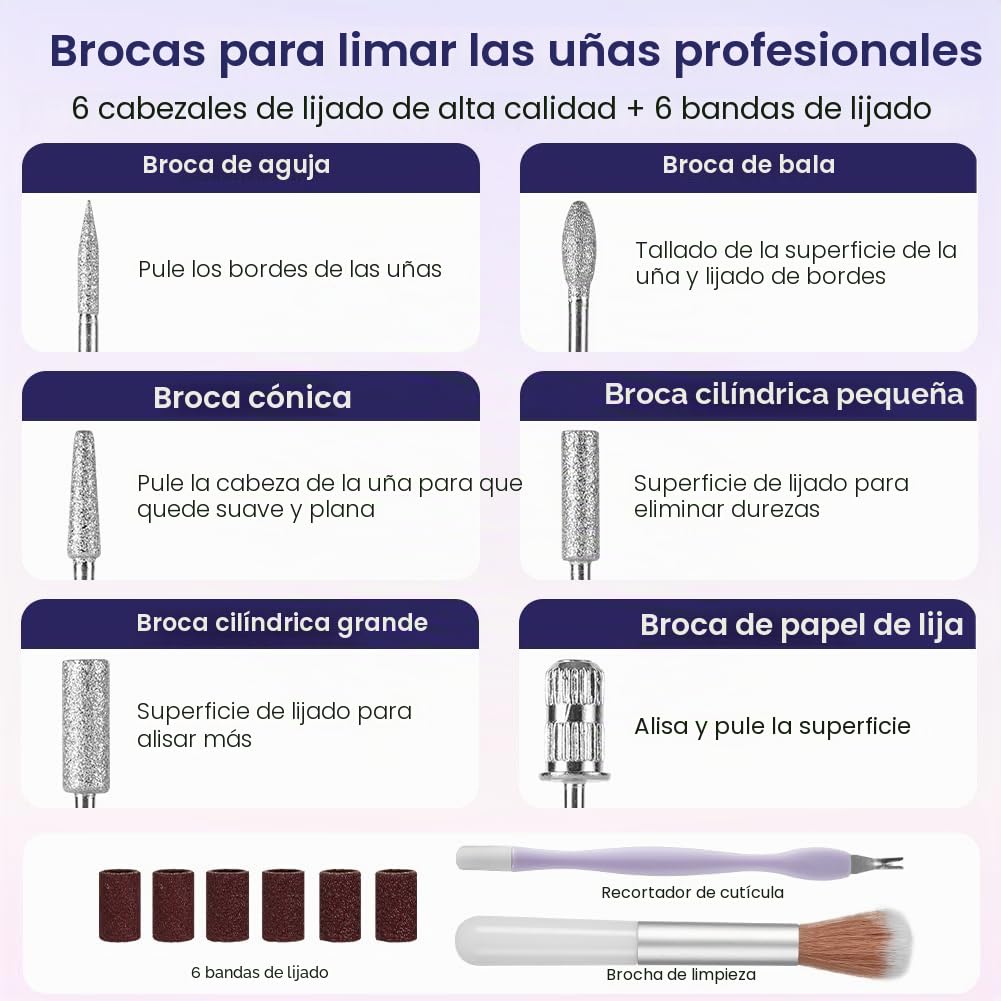 Torno para Uñas Profesional 30000 RPM, Torno para Uñas Portátil Recargable, Tor-no Uñ-as Taladro Eléctrico con 6 Brocas, Velocidad Ajustable, para Gel o Acrilicas para Hogar y Salón （Blanco）
