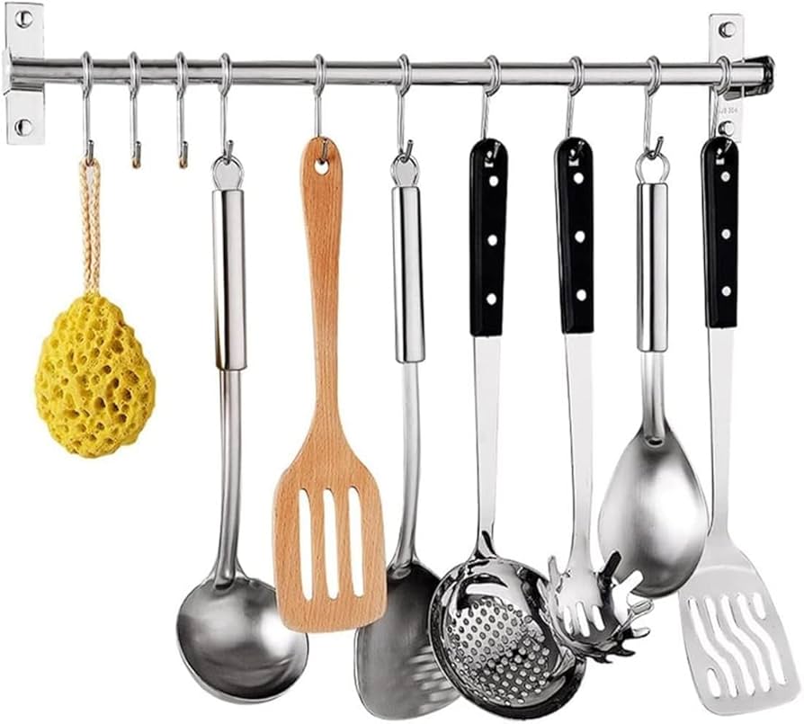 Kitchen Rail With 6 Sliding Hooks Wall Mount Kitchen Utensil Rack Pan And Pot Ha