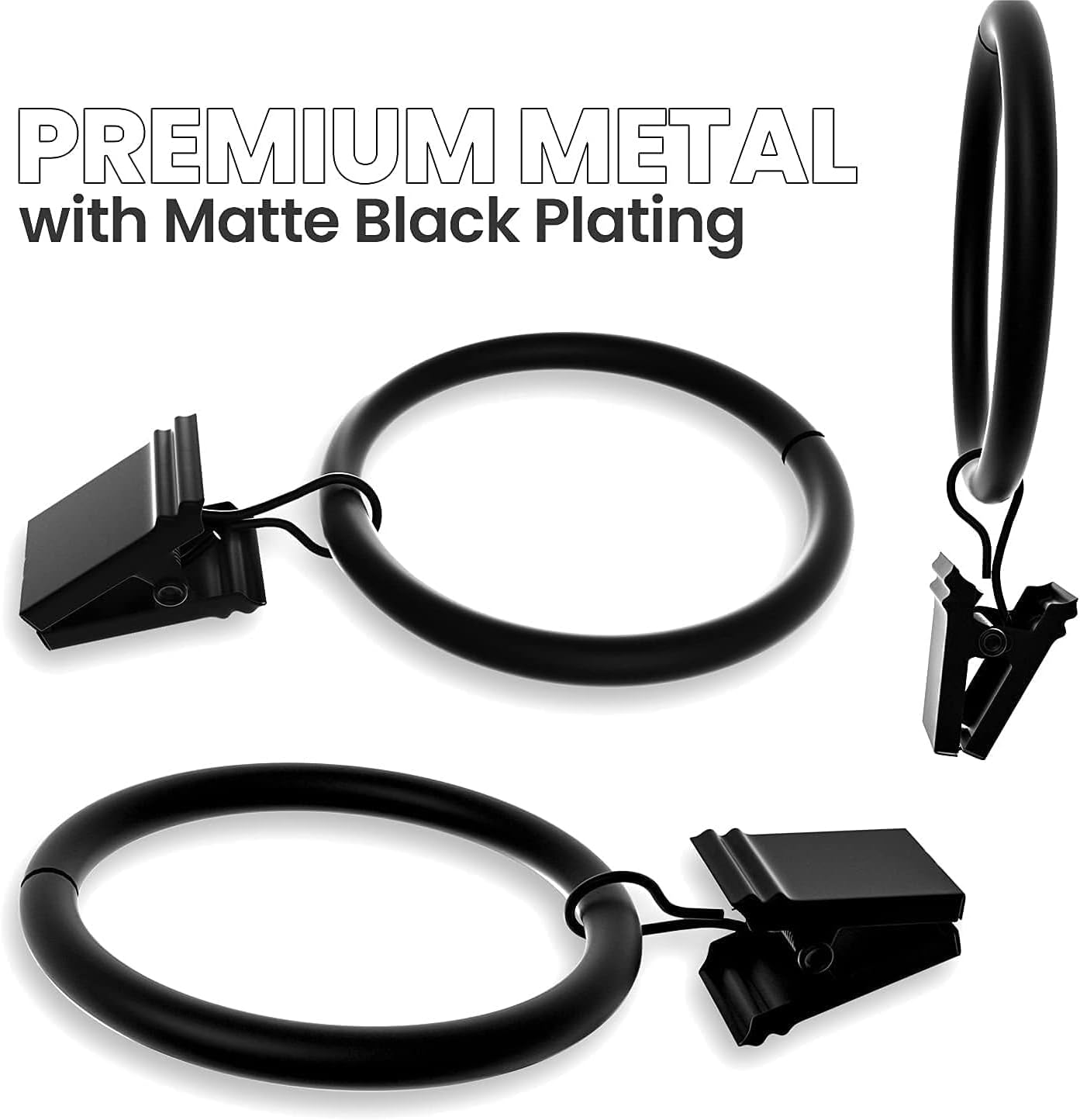 40 Pack of 1.5 Black Curtain Rings with Clips 1.5 Inch Set of 40 Heavy Duty Curtain Hooks for Drapes, Caps, Pictures - fits on Rod Diameter Upto 1.25Inch/32mm… (Black, 1.5 Inch - 40 Pack)