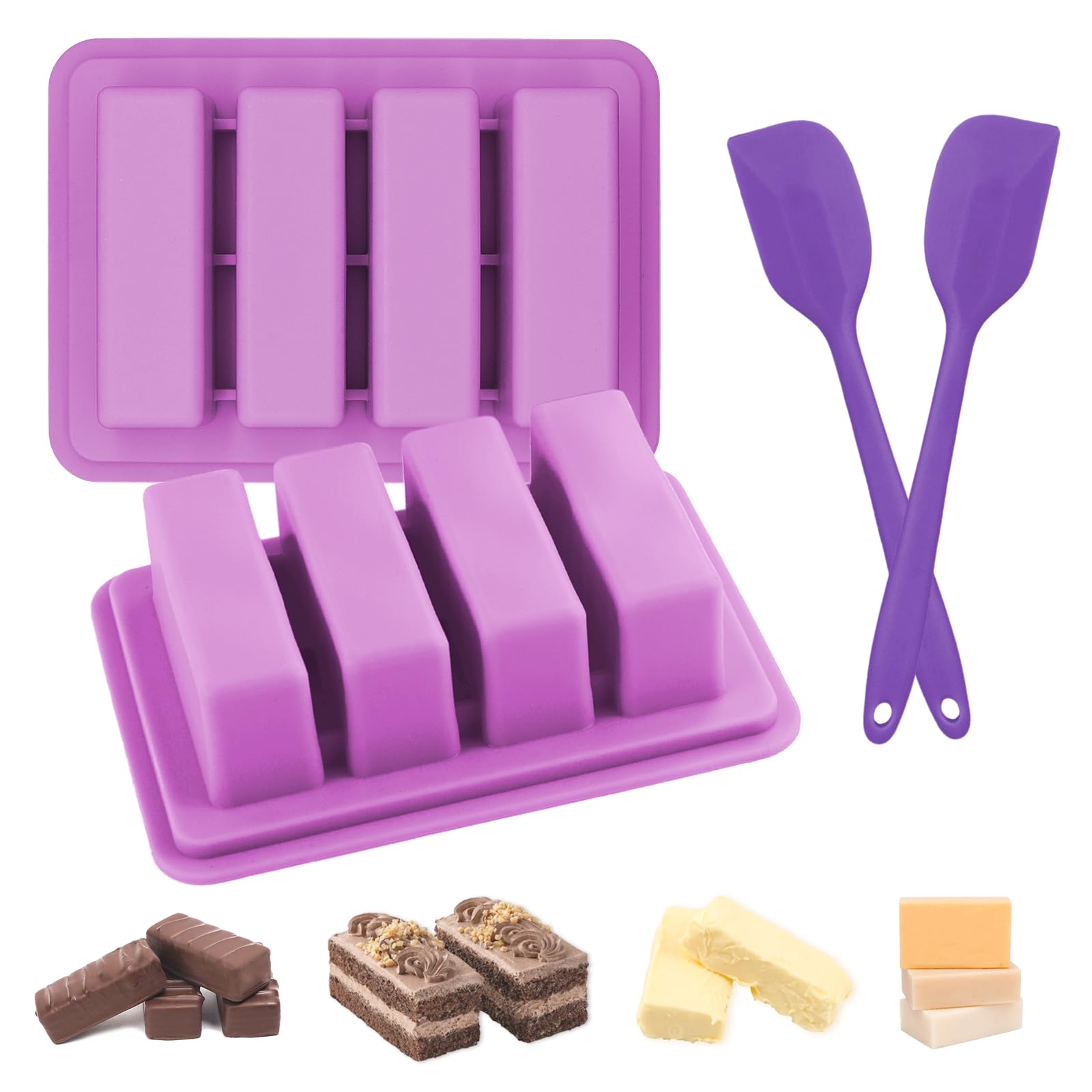 JINGIHE 4-Cavity Rectangle Butter Silicone Molds, Deep Chocolate Bar Moulds with Spatula