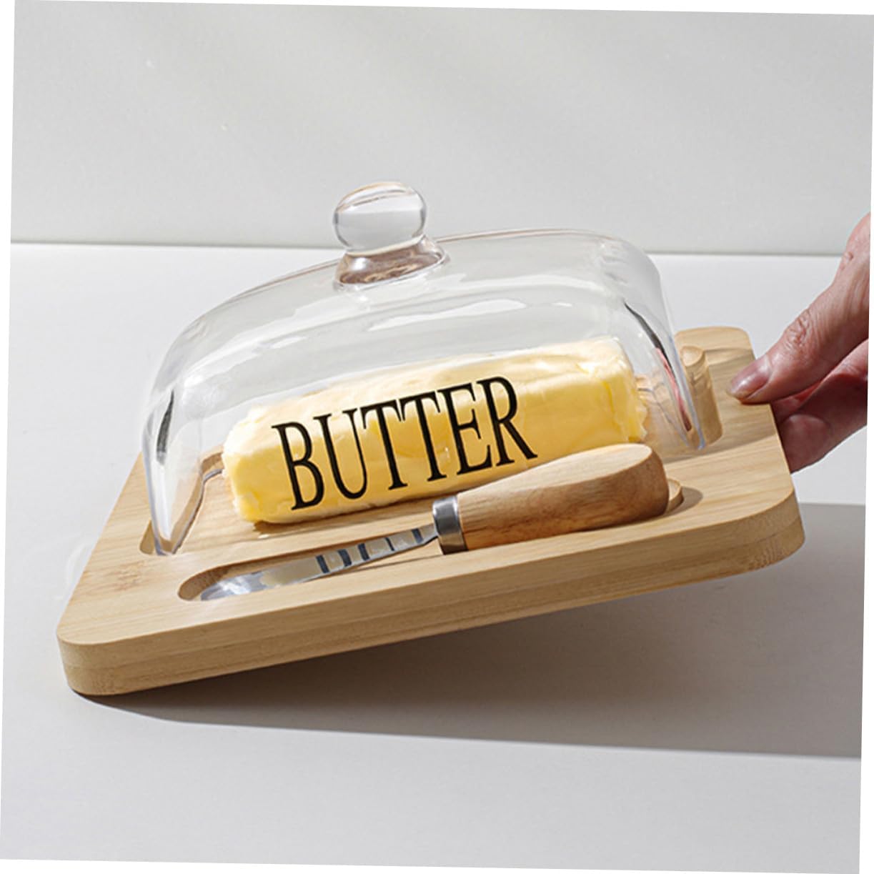 Butter Dish with Glass Dome Lid and Metal Cutter Square Clear Butter Holder Tray for Fresh Storage and Easy Cutting with Sealing Cover