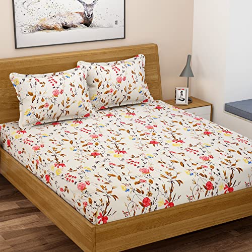 Image of 280 TC Fitzy Fitted Bedsheet Queen Size, Elastic Bedsheet, 60x78 + 10 Inches Drop, with 2 Pillow Covers (Fitzy-Twill-Multi-Flower)