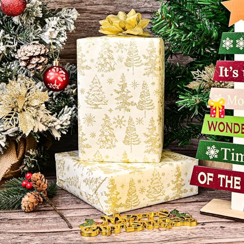 Dlyrroba Reversible Wrapping Paper Roll - Silver Metallic Foil Gift Wrap with Trees, Stripes Design for Holiday Winter (White Gold Christmas Tree, 17 inch X 16.5feet)