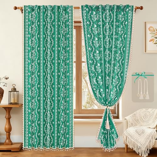 Image of Yinhua Boho Curtains for Living Room 84 Inch Length Vintage Linen Teal Curtains for Bedroom Light Filtering Floral Window Curtain Rod Pocket & Back Tabs Farmhouse Rustic Tassel Drapes with Tiebacks