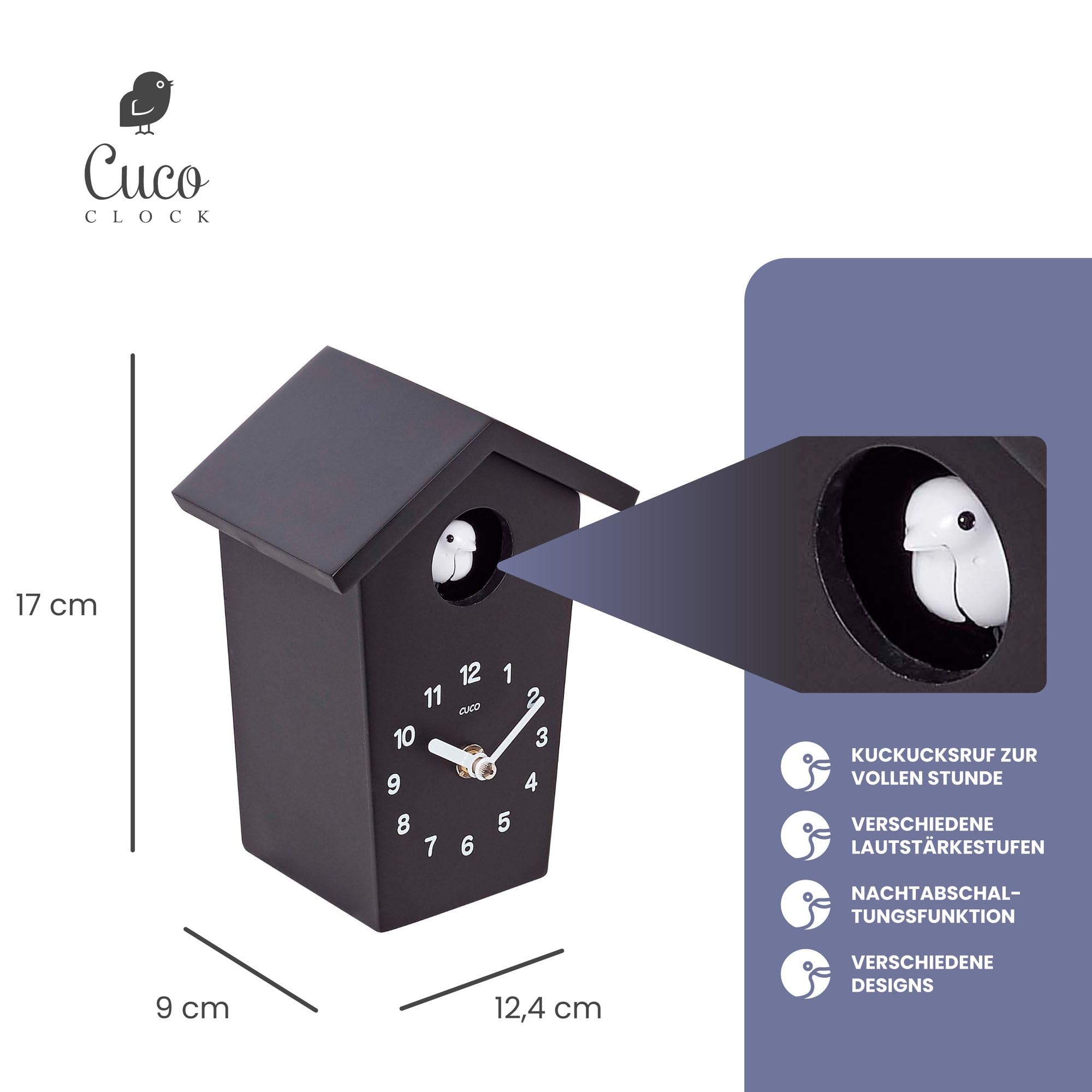 Mini Kuckucksuhr HOCHHAUS 17,0 × 12,4 × 9,0cm, Wanduhr, Moderne Schwarzwalduhr, Wanduhr mit Nachtruhefunktion, Kuckucksruf Vogelstimme, Quarzuhrwerk