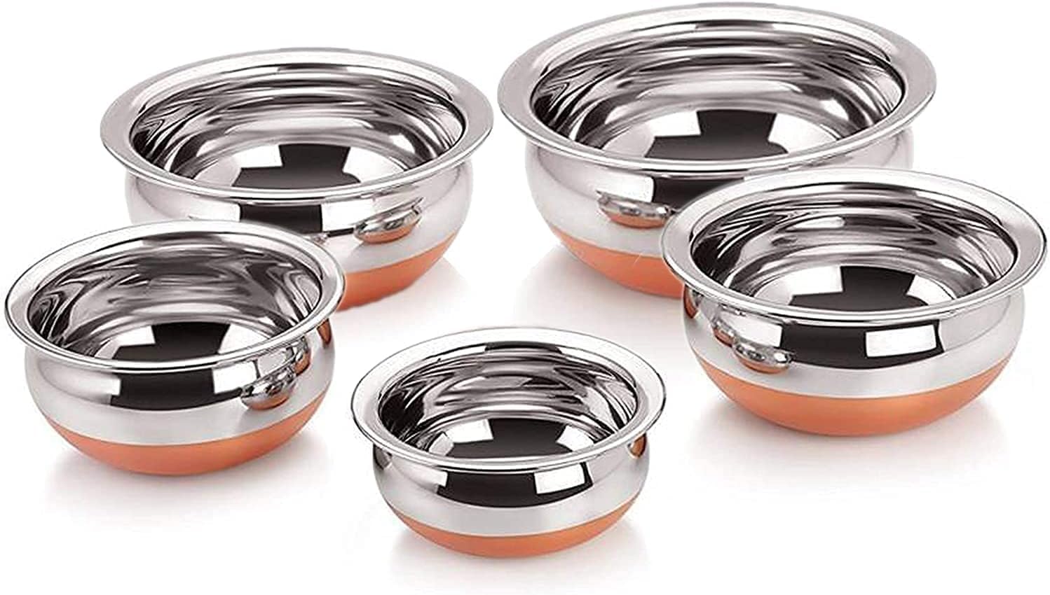 Indian Serving Handi 5 Pcs. Set - Copper Bottom 500ml, 750ml, 900ml, 1400 ml, 1900 ml. Stainless Steel Cooking Pot Biryani Punjabi Kitchen Serving, Bowl (5-Pieces)