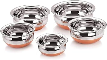 Indian Serving Handi 5 Pcs. Set - Copper Bottom 500ml, 750ml, 900ml, 1400 ml, 1900 ml. Stainless Steel Cooking Pot Biryani Punjabi Kitchen Serving, Bowl 5-Pieces
