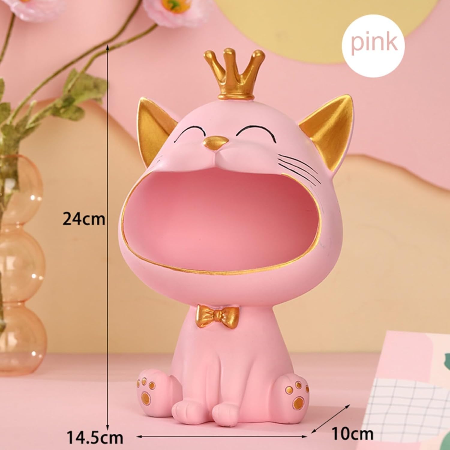 Cat Key Bowl For Entryway Table, Modern Sculptures Home Decor Lucky Cat, For Office Desk,Funny Cat Dish Statues, (pink)