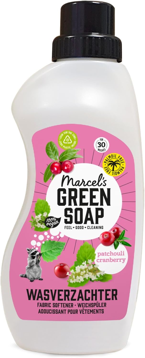 Marcel's Green Soap - Zmiękczacz do tkanin paczuli i żurawiny - wegańska - Formuła bez mikroplastiku - 100% plastikowa butelka z recyklingu - wielokrotnego napełniania - 30 prań - 750 ml