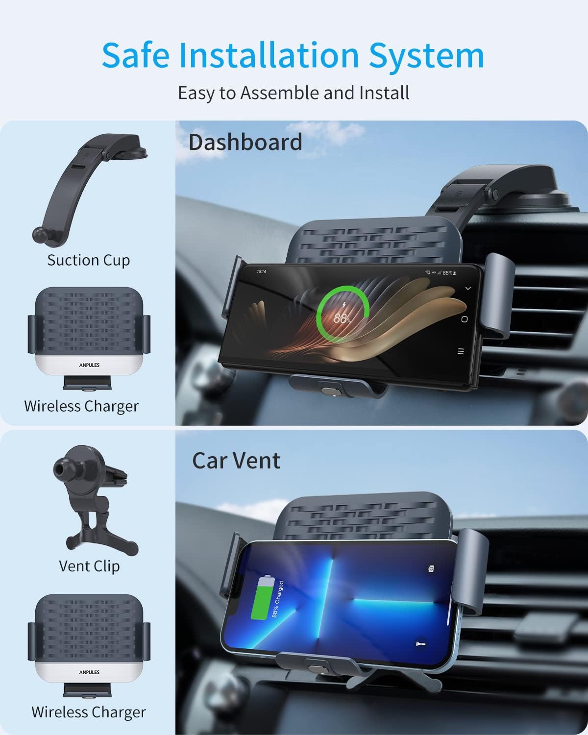 Wireless Car Charger for Samsung Galaxy Z Fold 7/6/5/4/3, Dual Coils，Fast Charging Phone Car Mount for Christmas, Auto-Clamping Air Vent Dashboard Car Phone Holder for Galaxy Z Fold/Note