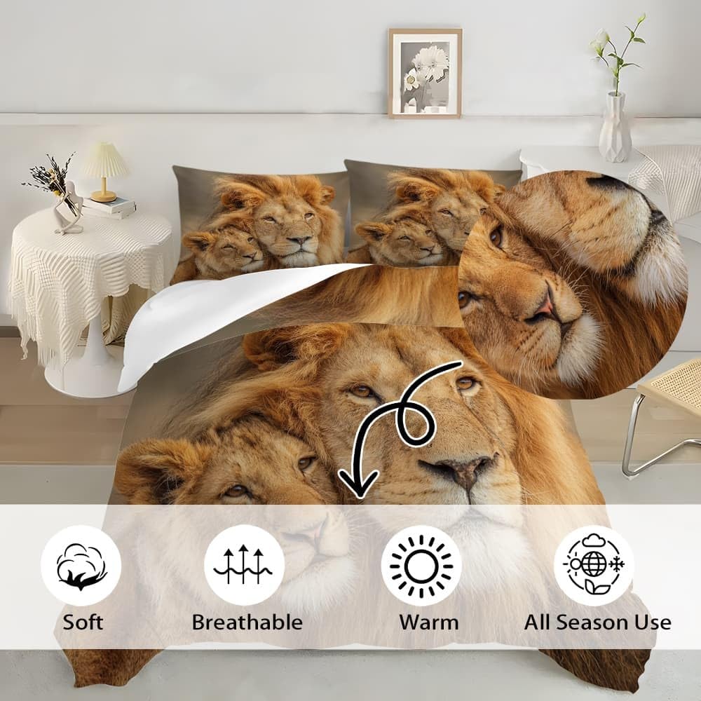 Primo Piano Del Leone Animale Copripiumino 2 Persona con Cerniera 250x200 cm Marrone Set Biancheria da Letto in Microfibra, Lavabile in Lavatrice, per Bambini, Adolescenti e Adulti