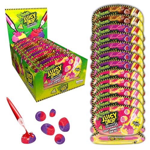 Juicy Drop Gummies Xtreme (12 x 57g Bulk Sweets) Sweet and Sour Kids Sweets for Party Bags Cola Strawberry Lemonade and Cherry Berry - Gluten Free Sweet and Sour Candy