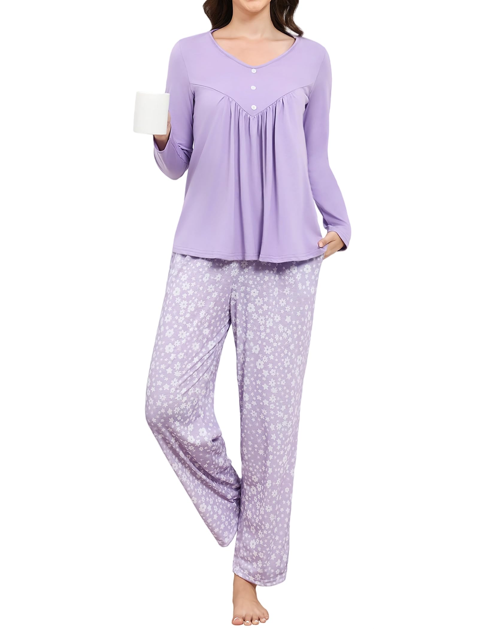 Reliwel Schlafanzug Damen Lang Baumwolle Pyjama Set Winter Oberteil und Schlafanzughose Langarm Loungewear Sleepwear Hausanzug Kuschelig Freizeitanzug
