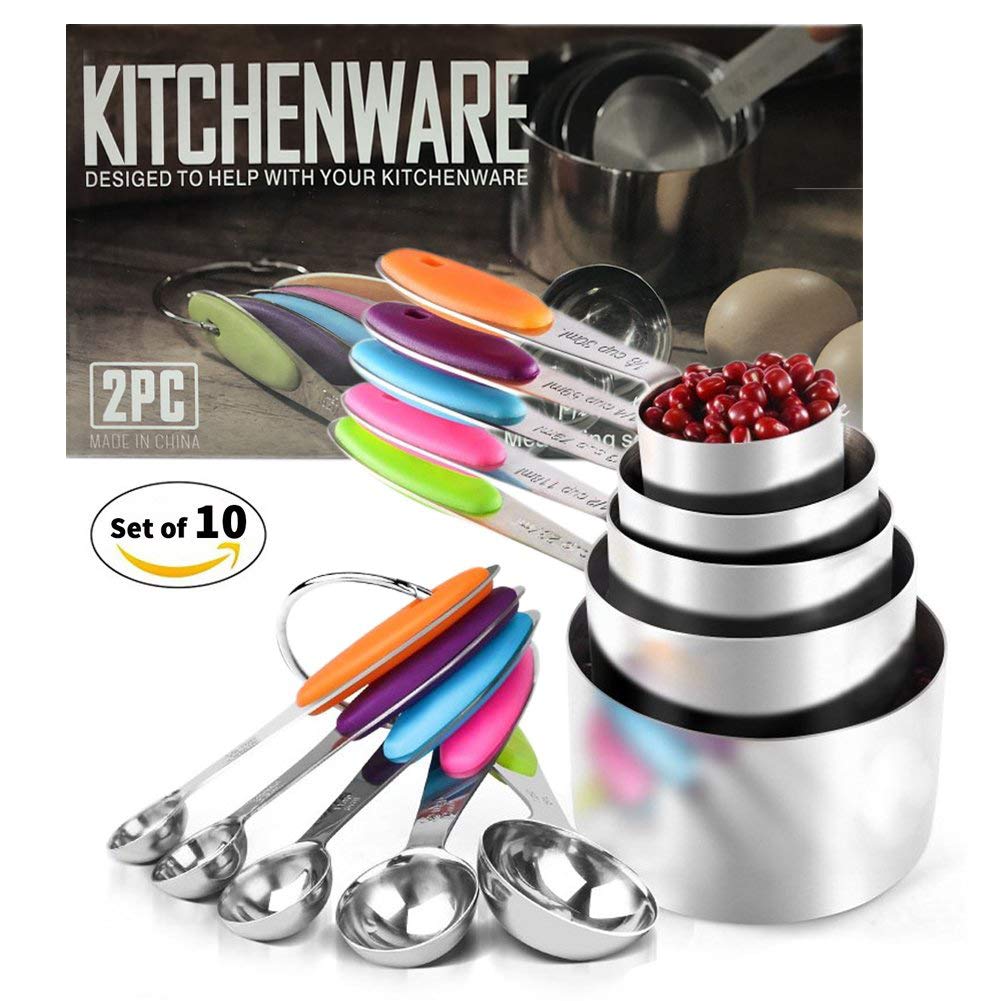 AFYBL Stainless Steel Measuring Cups and Measuring Spoons with Silicone Handles Engraved US & Metric Measurements,Set of 10 FREE Collapsible Funnel