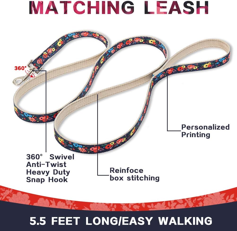 Small Dog Harness and Leash Set with Collar - Heavy Duty & Adjustable Basic Harness No Pull for Small Medium Dogs Flower Pattern