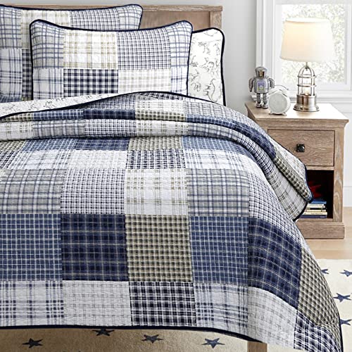 Cozy Line Home Fashions Benjamin Cute Dinosaur Plaid Printed Pattern 100% Cotton Quilt Bedding Set, Reversible Coverlet,Bedspread for Kids Boy (Dinosaur,King - 3 Piece)