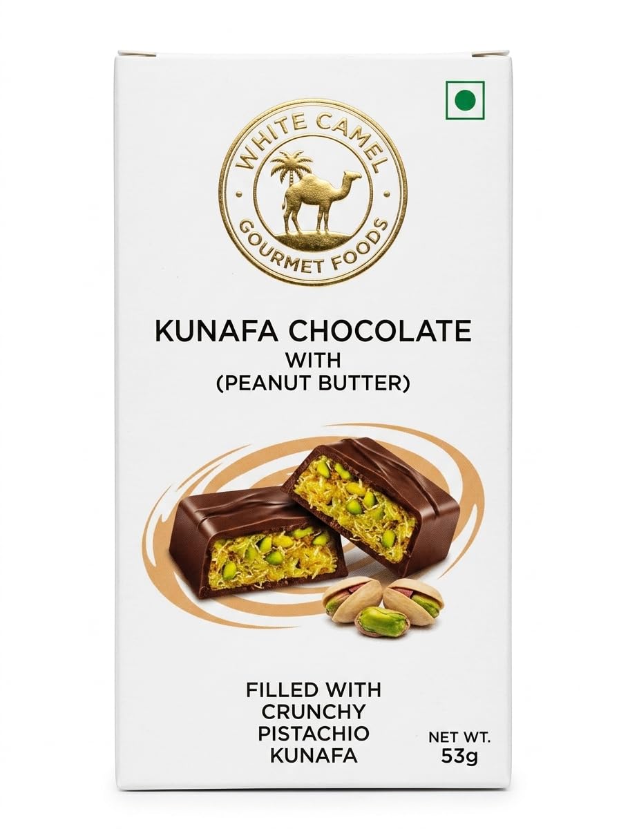 White Camel Kunafa Chocolate with Peanut Butter, Filled with Crunchy Pistachio Kunafa, 53g X Pack of 2, (By Decadent Foods)