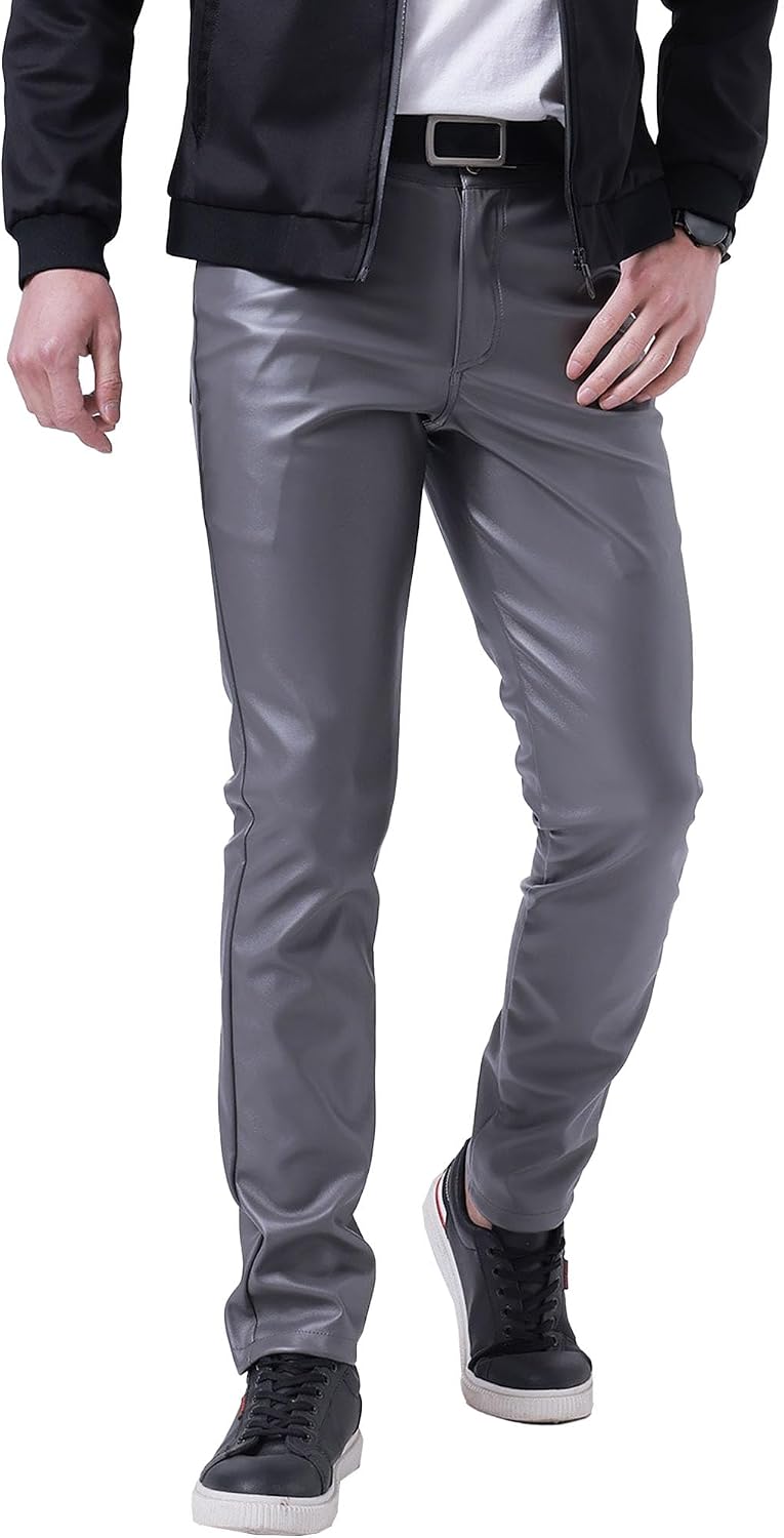 Men's Skinny Faux Leather Pants Slim Fit Stretch Casual Motorcycle Biker Pants Night Club Metallic Punk Pants