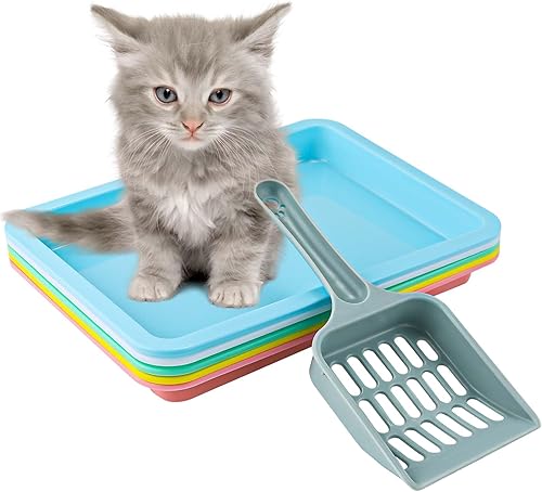 5 cajas de arena para gatitos, 9.65 x 7.28 x 0.98 pulgadas, caja de arena pequeña para gatos con espátula de arena poco profunda, bandeja de basura