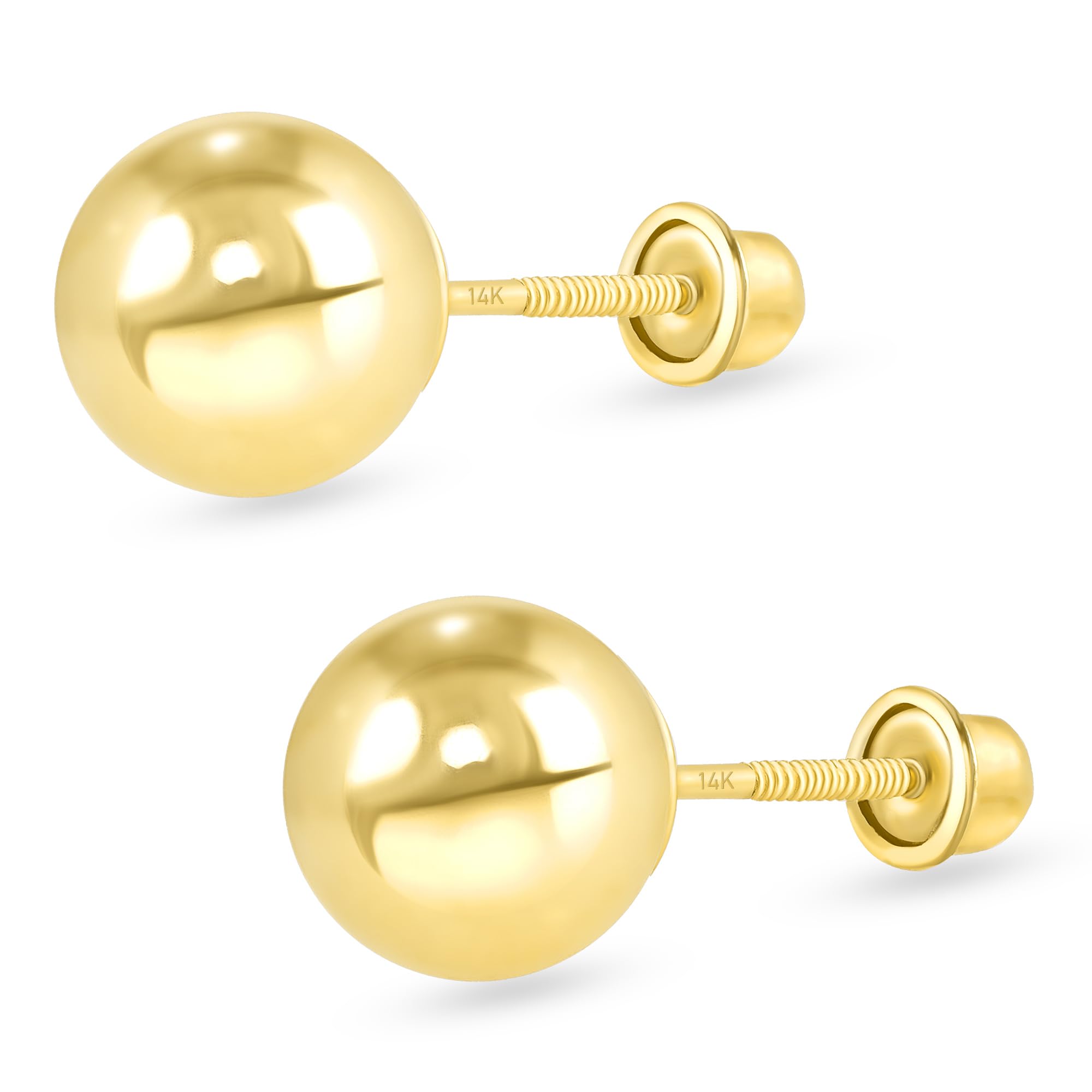 14k Real Gold Ball Stud Earrings for Women Men 2mm-8mm Diameter - Real 14k Gold Secure Screw Back
