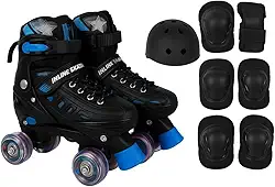 Patins Quad Ajustáveis com Rodas LED, Kit Proteção Completo, Cadarço, Material Plástico Resistente, Unisex Juvenil, Rodas de Poliuretano 54mm