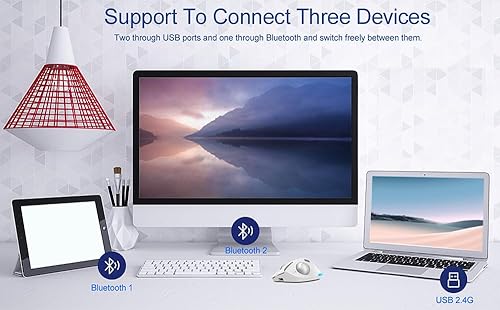 Miniatura 5 de zelotes Ratón de trackball inalámbrico, mouse Bluetooth, recargable, 4800 DPI, 2 en 1 (BT 5.03.0+2.4 GHz receptor USB), 8 botones, diseño