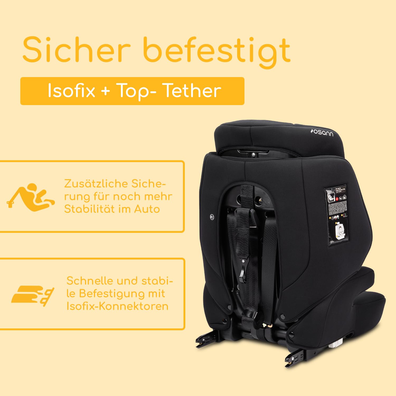 Osann Jazzi Isofix Kindersitz ab 1 Jahr (76–150 cm), Kindersitz mit Isofix | mitwachsender Kinderautositz, Kindersitz 9-36 kg mit Isofix & Top-Tether, Schutz & Geborgenheit auf jeder Fahrt – Black
