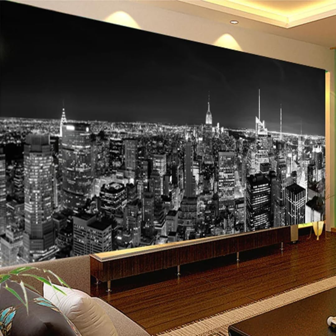 XINRUYI 3D Mural Wallpaper Black and White Architecture Night View New York City Wall Art Sticker Bedroom Living Room Decoration