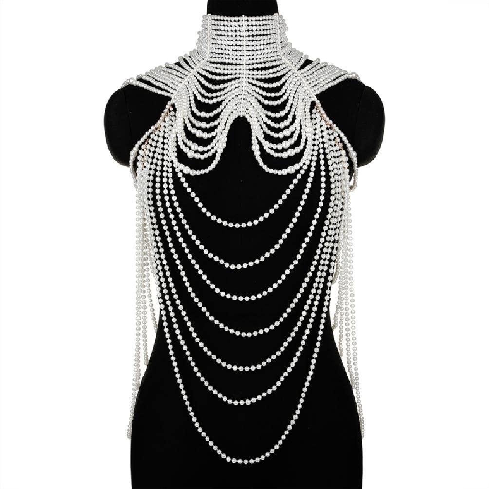 Collana con bavaglino di perle simulate multistrato per donna Collare con perline nappa in finta pelle con catena a tracolla Reggiseno Top Body Jewelry collana da donna in argento sterling lungo