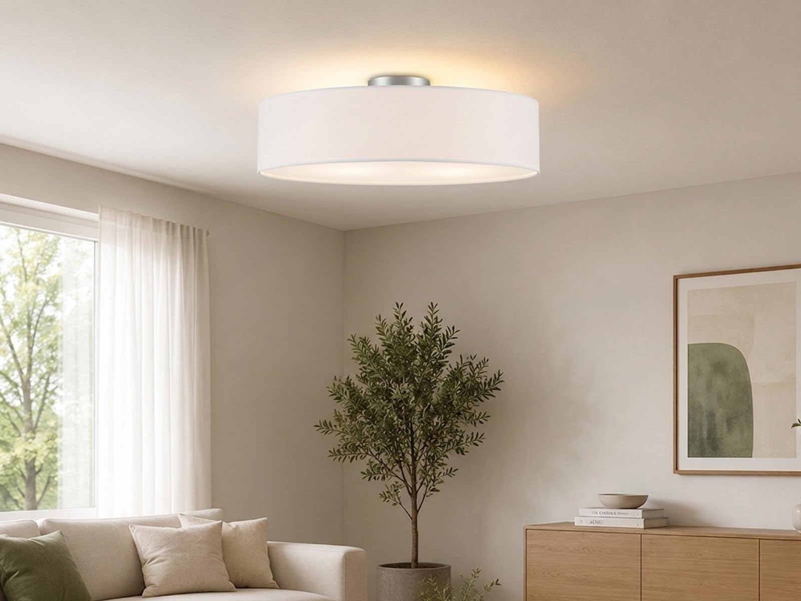 Plafoniera rotonda con paralume in tessuto, diametro 50 cm, con attacco E14, elegante e intramontabile