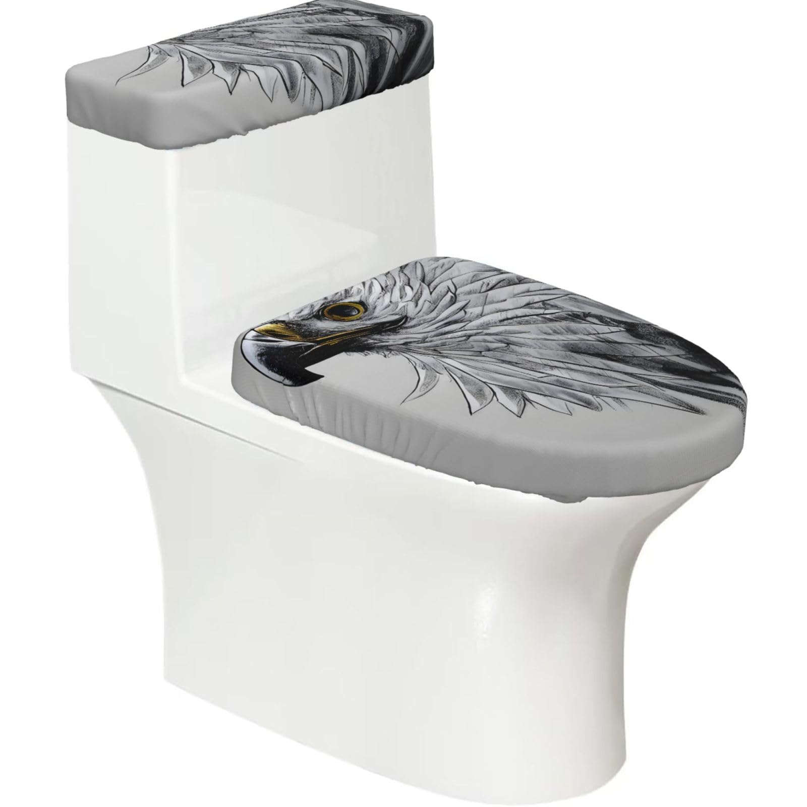 Sketching an Eagle Elastic Toilet Cover Set of 2-Stretchy Lid and Tank Covers for Bathroom, Soft Washable U Shape Toilet Decor