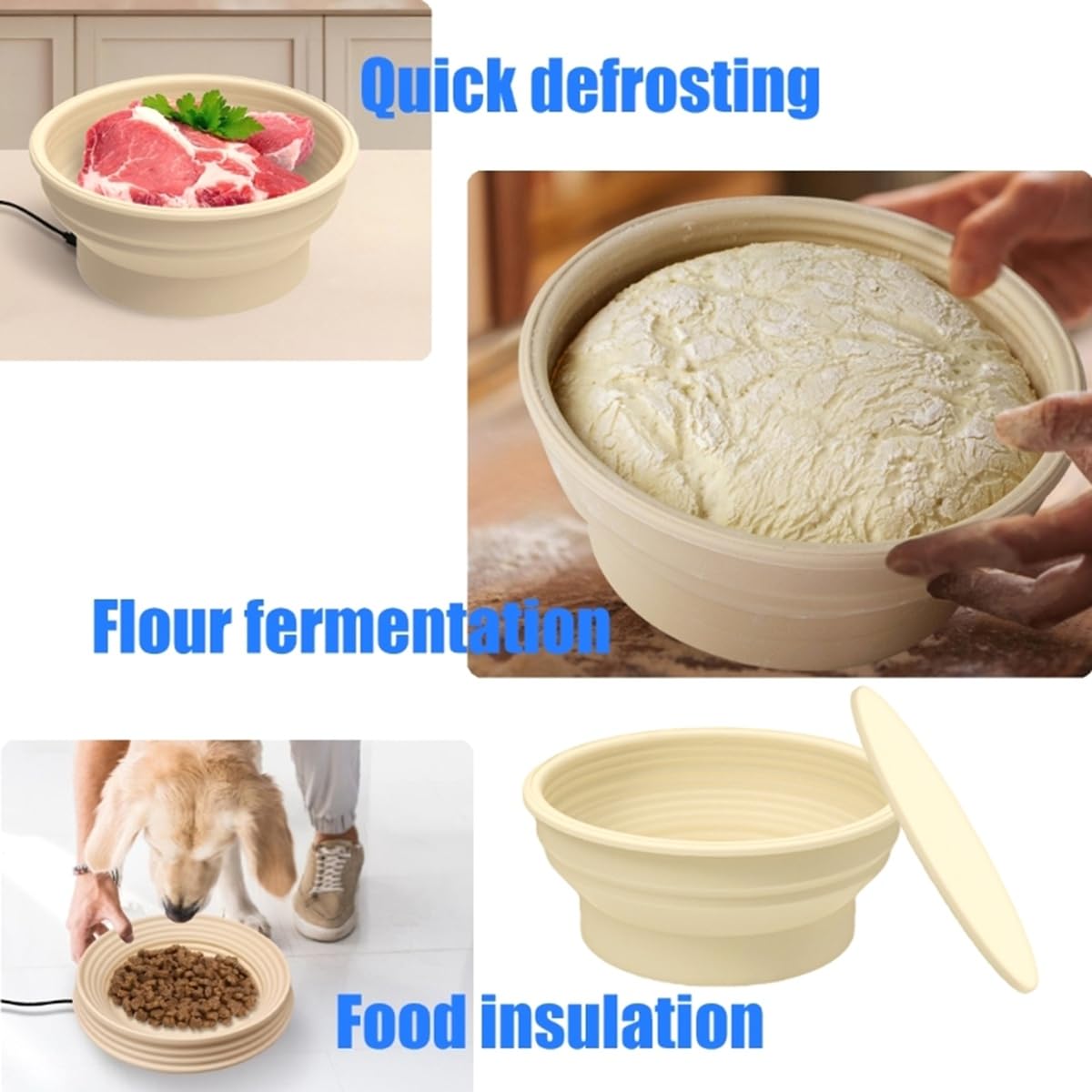 Cestino di lievitazione elettrico rotondo pieghevole con regolazione della temperatura, in silicone per lievito