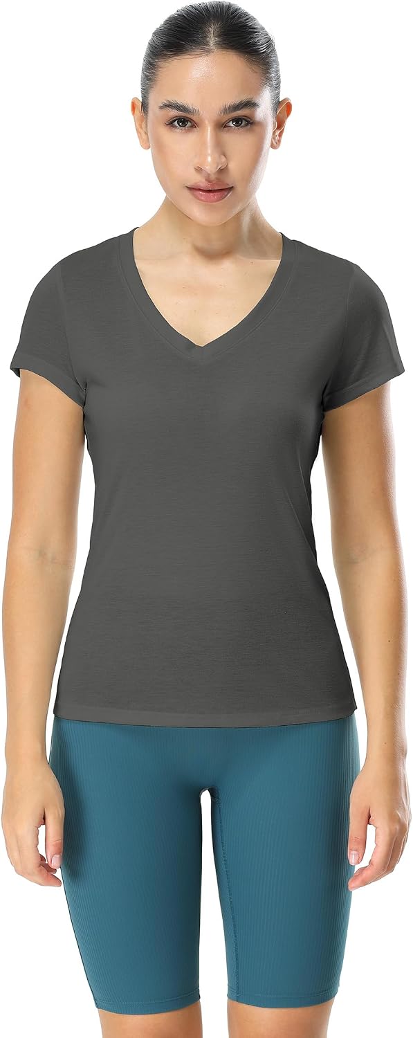icyzone Women's Workout Shirts - Yoga Tops Activewear Gym Shirts Running Fitness V-Neck T-Shirts